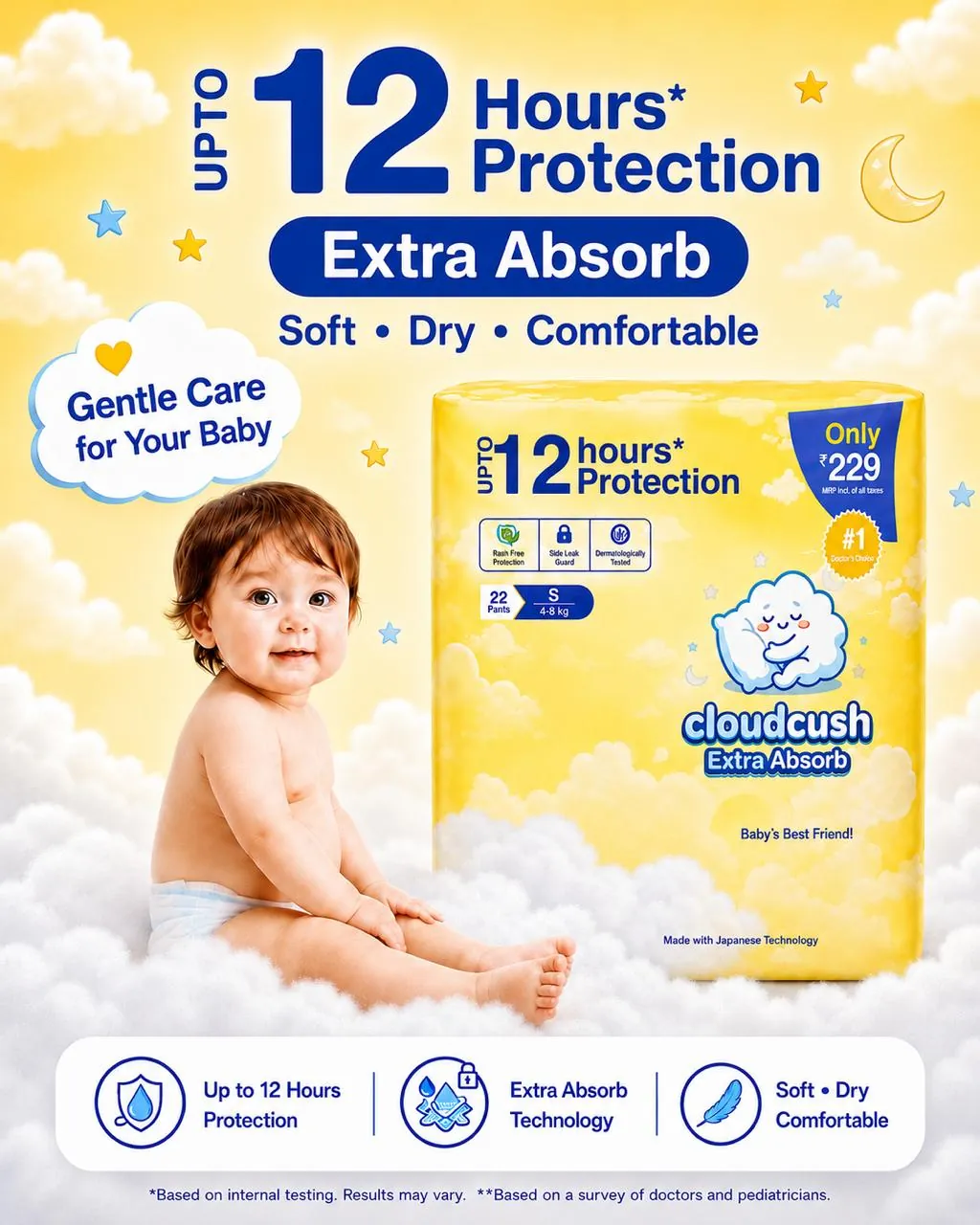 CloudCush India No1 Diaper Cloudcush Extra Absorb Baby Diaper Pants S22– Up to 12 Hours Protection | Ultra Soft & Leak Guard | Rash-Free Comfort | Disposable Baby Pants