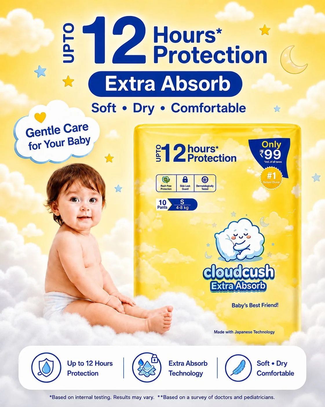 CloudCush India No1 Diaper Cloudcush Extra Absorb Baby Diaper Pants S10– Up to 12 Hours Protection | Ultra Soft & Leak Guard | Rash-Free Comfort | Disposable Baby Pants