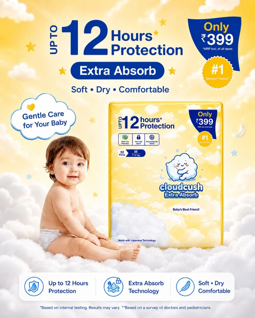 CloudCush India No1 Diaper Cloudcush Extra Absorb Baby Diaper Pants M32– Up to 12 Hours Protection | Ultra Soft & Leak Guard | Rash-Free Comfort | Disposable Baby Pants