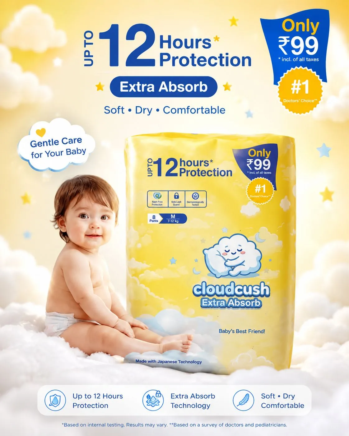 CloudCush India No1 Diaper Cloudcush Extra Absorb Baby Diaper Pants M8– Up to 12 Hours Protection | Ultra Soft & Leak Guard | Rash-Free Comfort | Disposable Baby Pants