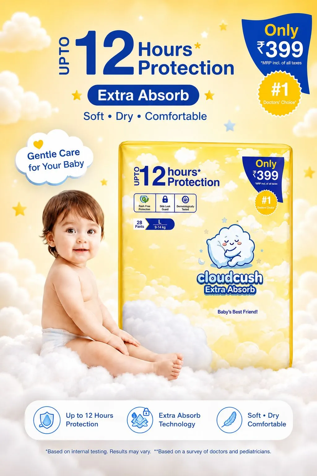 CloudCush India No1 Diaper Cloudcush Extra Absorb Baby Diaper Pants L28– Up to 12 Hours Protection | Ultra Soft & Leak Guard | Rash-Free Comfort | Disposable Baby Pants