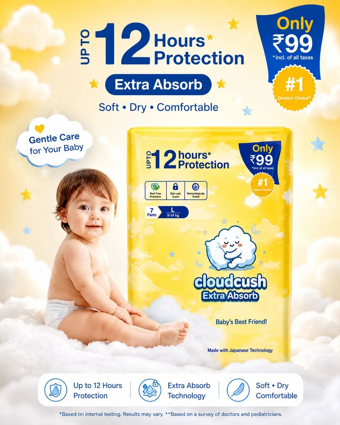 CloudCush India No1 Diaper Cloudcush Extra Absorb Baby Diaper Pants L7– Up to 12 Hours Protection | Ultra Soft & Leak Guard | Rash-Free Comfort | Disposable Baby Pants