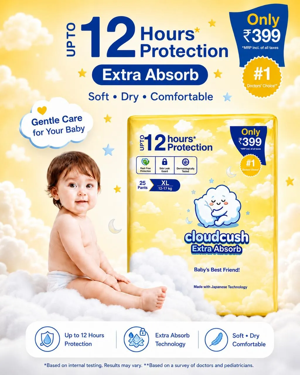 CloudCush India No1 Diaper Cloudcush Extra Absorb Baby Diaper Pants XL25– Up to 12 Hours Protection | Ultra Soft & Leak Guard | Rash-Free Comfort | Disposable Baby Pants