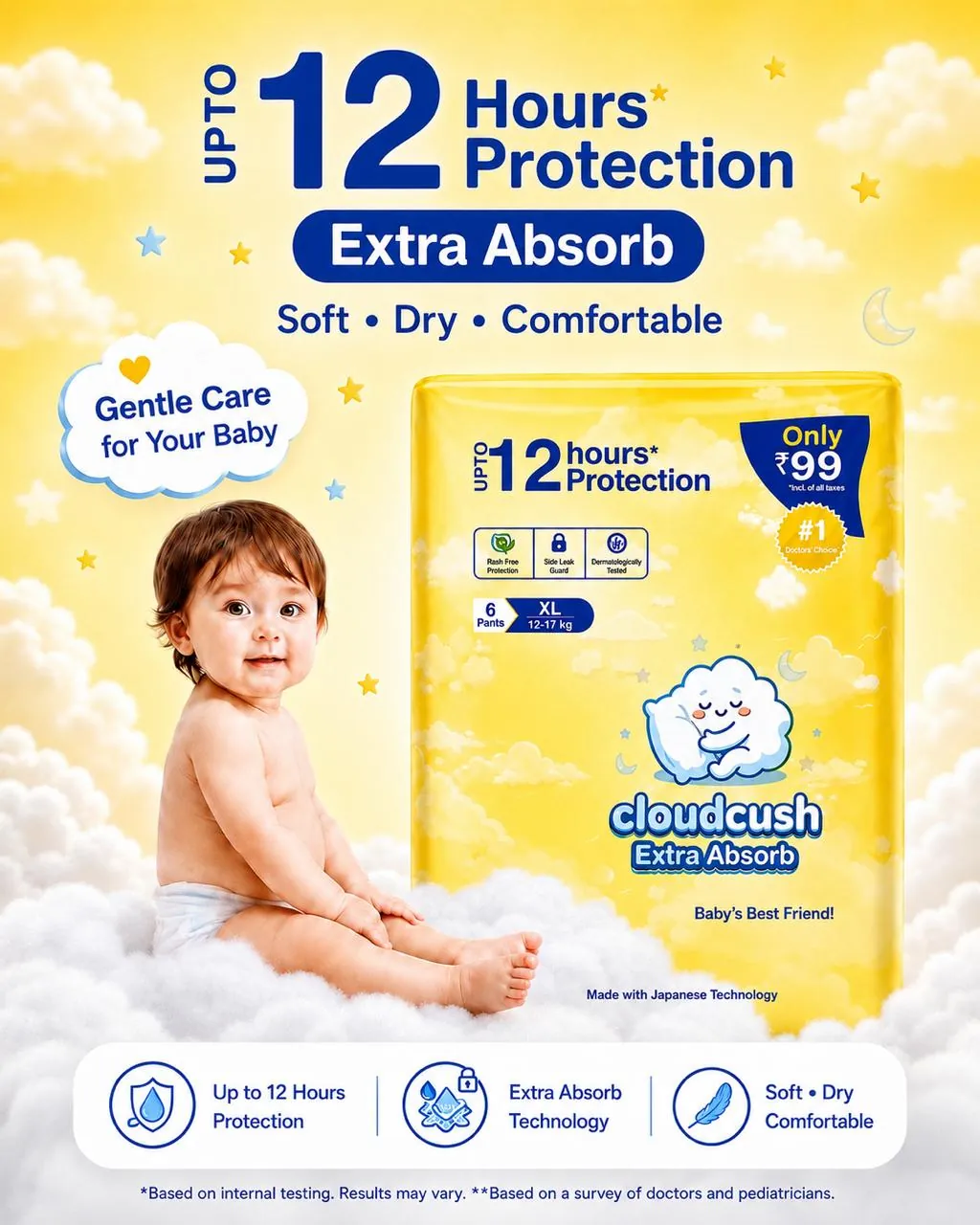 CloudCush India No1 Diaper Cloudcush Extra Absorb Baby Diaper Pants XL6– Up to 12 Hours Protection | Ultra Soft & Leak Guard | Rash-Free Comfort | Disposable Baby Pants