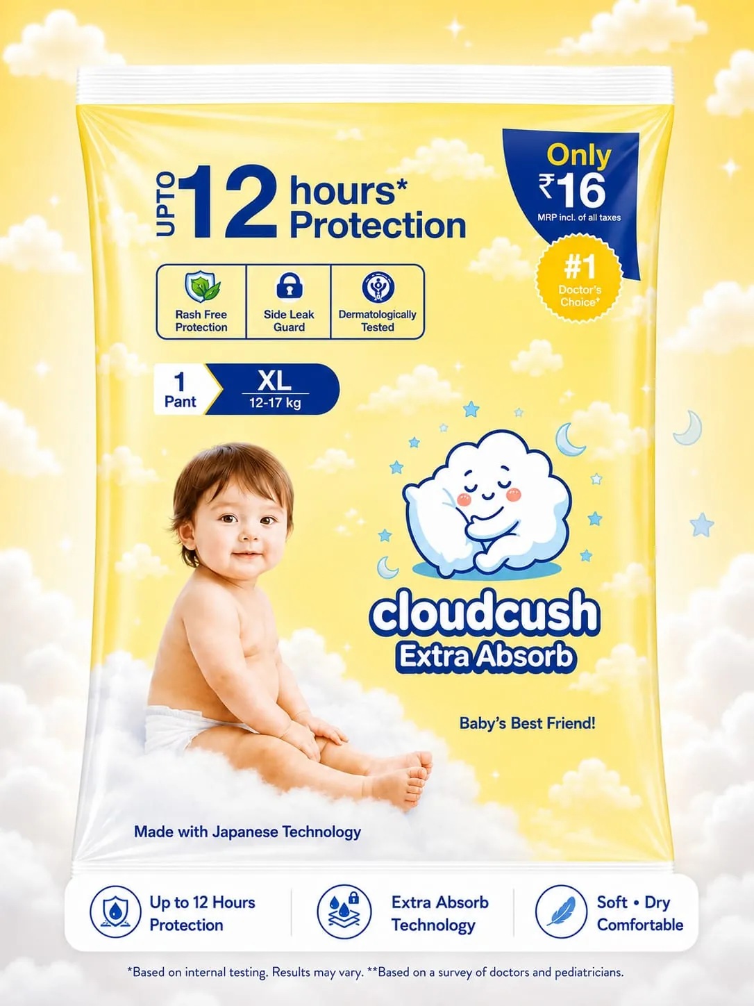 CloudCush India No1 Diaper Cloudcush Extra Absorb Baby Diaper Pants XL1– Up to 12 Hours Protection | Ultra Soft & Leak Guard | Rash-Free Comfort | Disposable Baby Pants