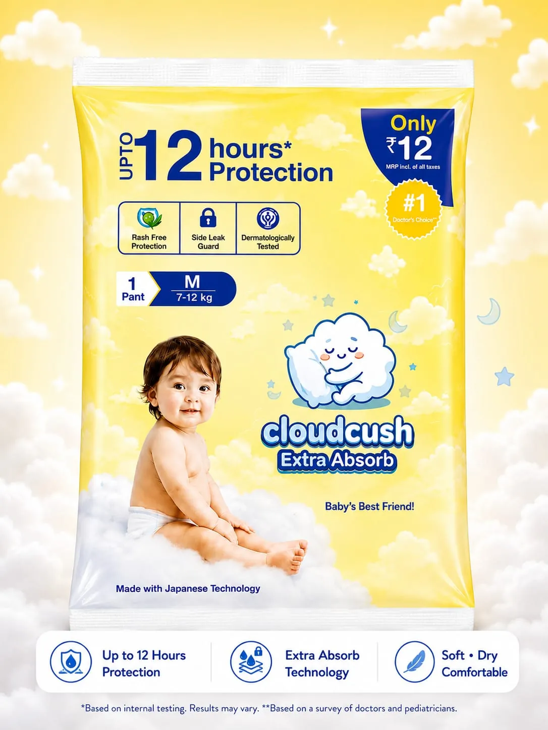 CloudCush India No1 Diaper Cloudcush Extra Absorb Baby Diaper Pants M1 – Up to 12 Hours Protection | Ultra Soft & Leak Guard | Rash-Free Comfort | Disposable Baby Pants