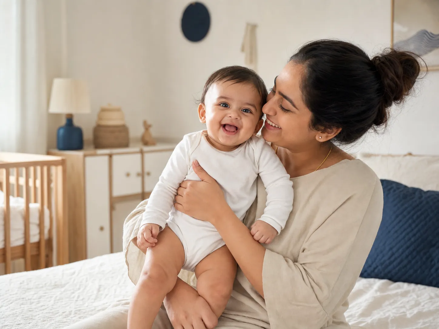 Happy Indian mother holding her smiling baby in a warm home nursery